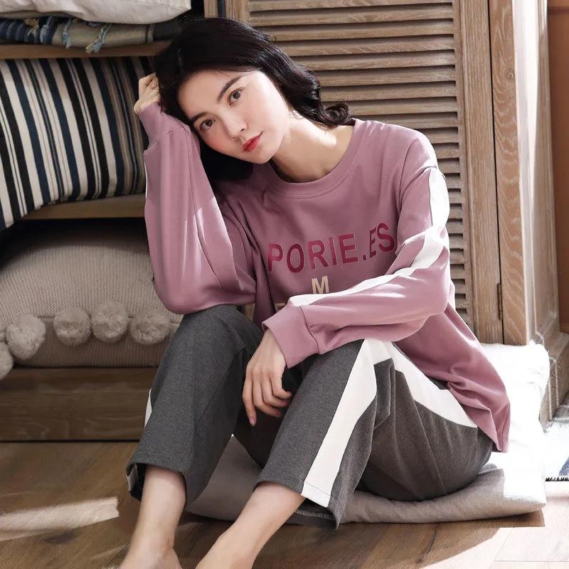 Женский хлопковый пижамный комплект, весенне-осенний пижамный комплект с длинными рукавами, милый мультфильм, зимняя домашняя одежда больших размеров, повседневный свободный пуловер с круглым вырезом, ночная рубашка