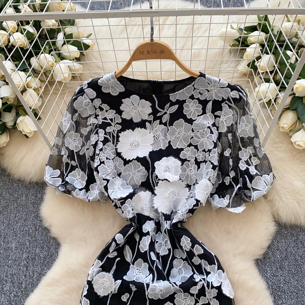 Элегантное цветочное вышитое О-образное платье в стиле винтаж с коротким рукавом и фонариком, шикарное облегающее платье-русалка, французская вечерняя женская одежда для улицы