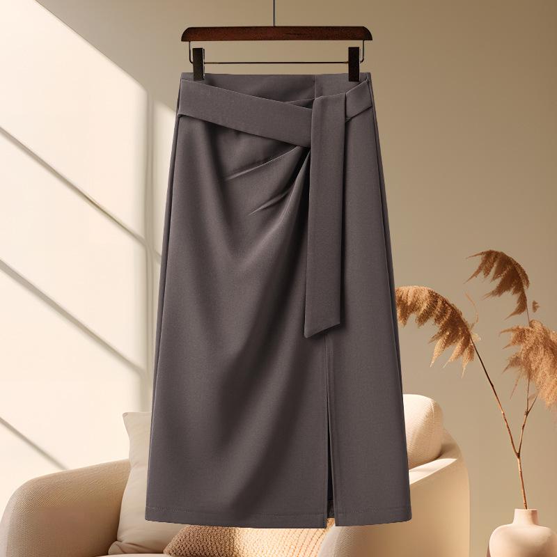 Gray High-Waist Irregular Slit Midi Bodycon Skirt for Women - Autumn 2026 Fashion