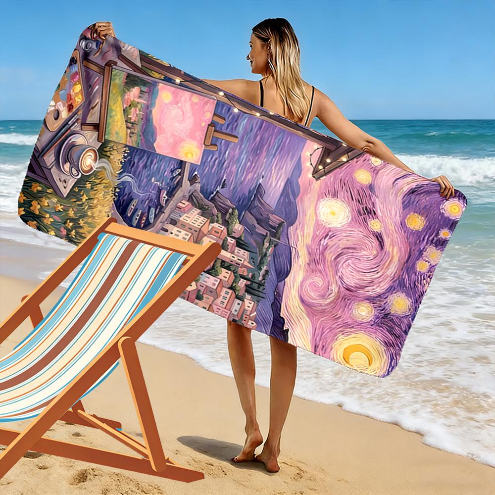Van Gogh Style Starry Seaside Painting Design Beach towel quick-drying for travel outdoor sports jogging beach and swimming