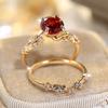 Luxury Gold Color Leaf Round Red Green Zircon Ring Set for Women Fine Jewelry Party Wedding Engagement Rings Gift