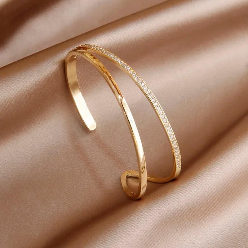 Korea&Japanese Delicate Double Layer Charm Bangles for Women Fashion Brand Jewelry Crystal Heart Bracelets Accessories