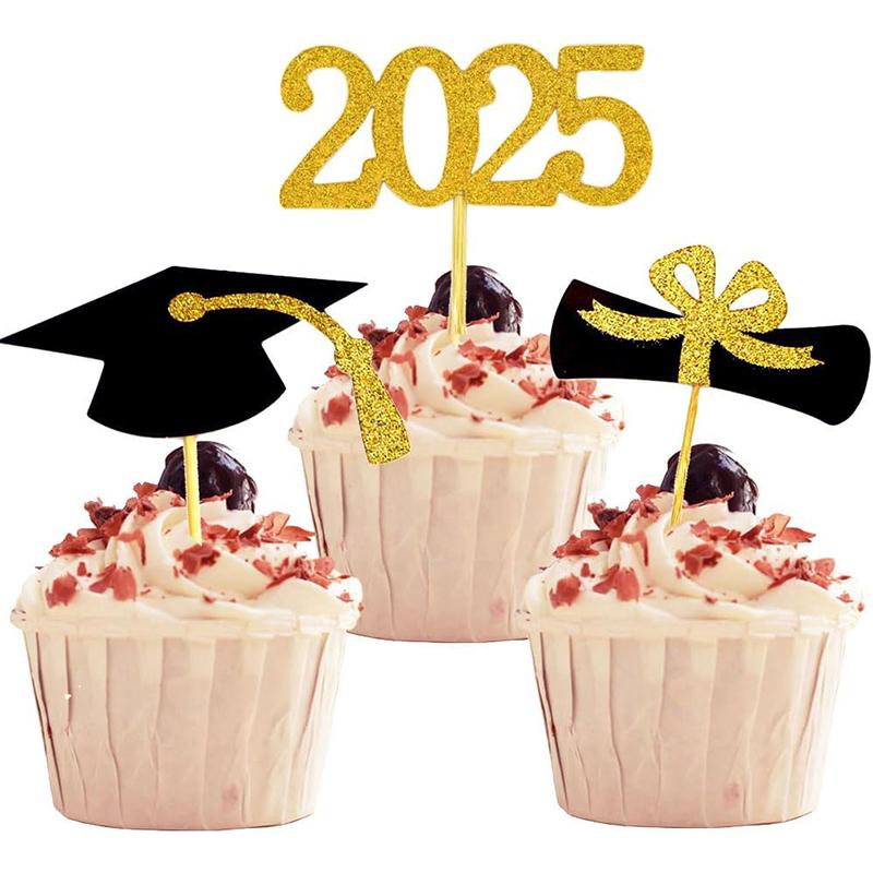 Топперы для кексов на выпускной 2025 года, 24 шт., шпажки для еды/закусок для выпускного вечера, украшения для мини-тортов, диплом, 2025, выпускная шапочка