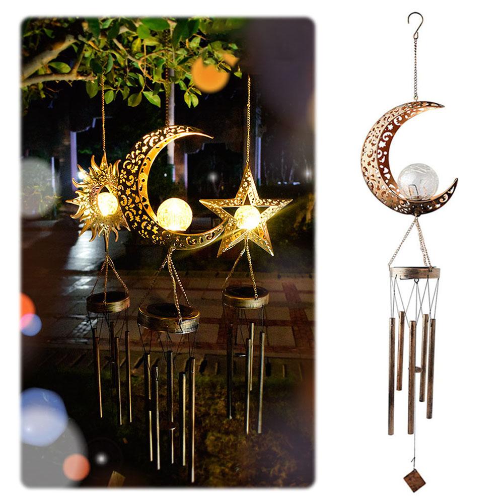 Солнечные Лунные Колокольчики Ветра Металлические Лунные Колокольчики с Шаром из Треснувшего Стекла Наружное Подвесное Украшение Лунные Ветряные Колокольчики Свет Сувениры для Вечеринки