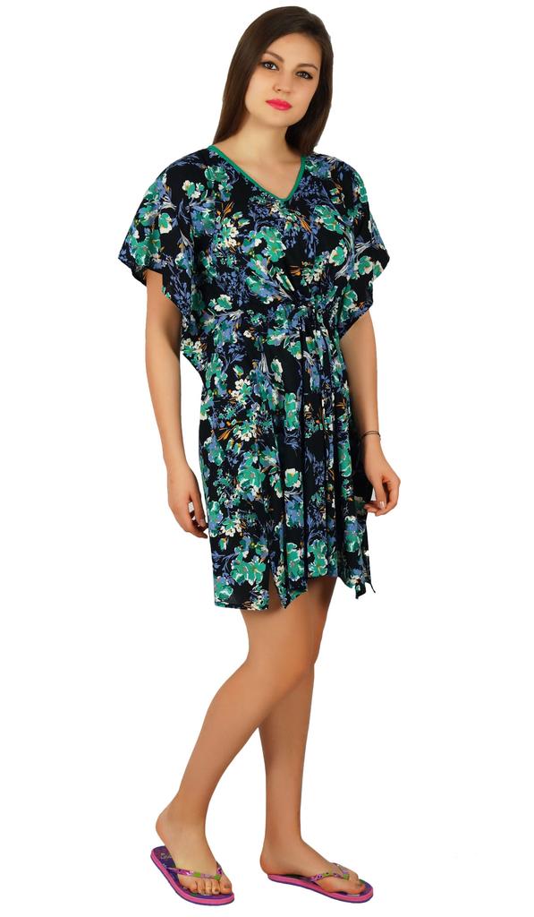 Bimba Женский короткий хлопковый кафтан синий цветочный кафтан пляжная одежда накидка ночь