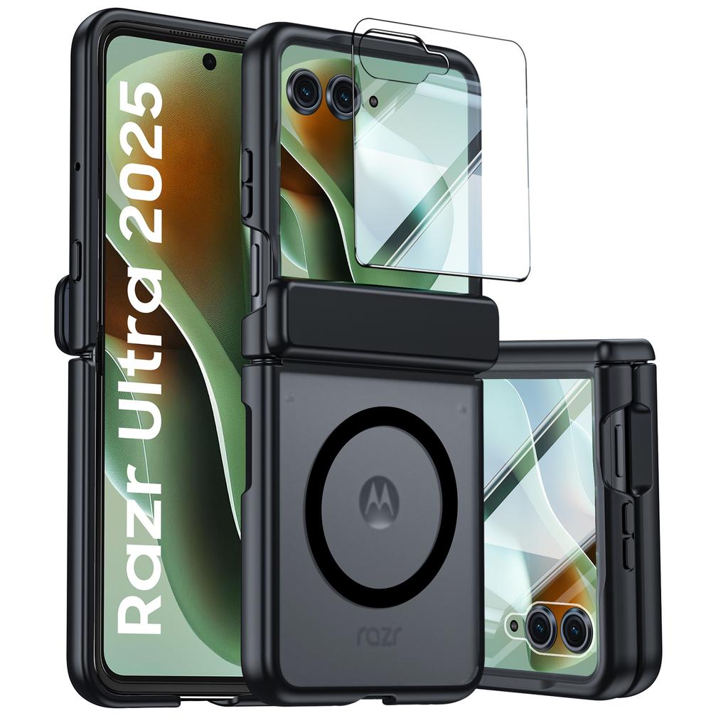 For Motorola Razr Ultra 2025 / Razr Ultra 2026 Magnetic Power,Slim Design,Screen Protector,Hinge Protection,Matte Shockproof Phone Case-Black