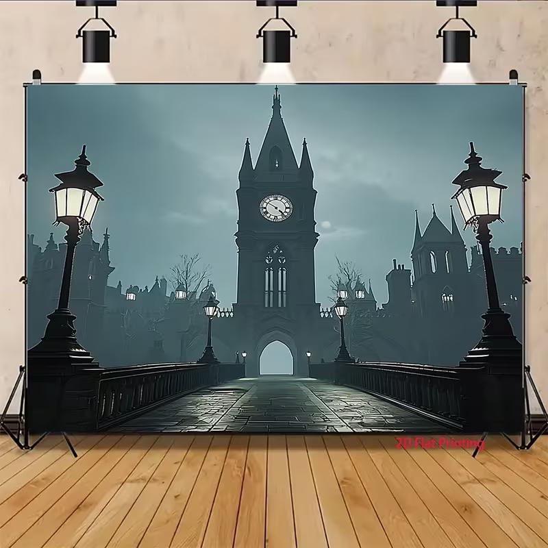 Двумерный викторианский темный городской фон 2D Башня с часами Уличный фонарь Фотофон для фотобудки