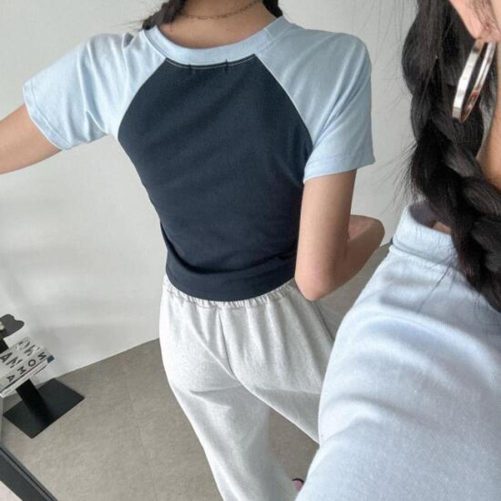 New Arrivals Open Run Women Crop Raglan ShorT Sleeve T shirT Two Tone Round Neck