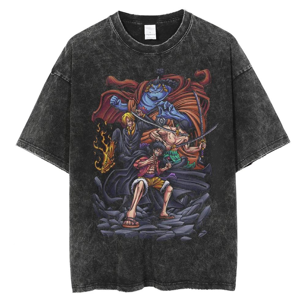 Harajuku Fashion Vintage TShirt Japanese ONE PIECE Anime Graphic Oversize T Shirt Washed Tshirt Men Summer Cotton Tops Tees