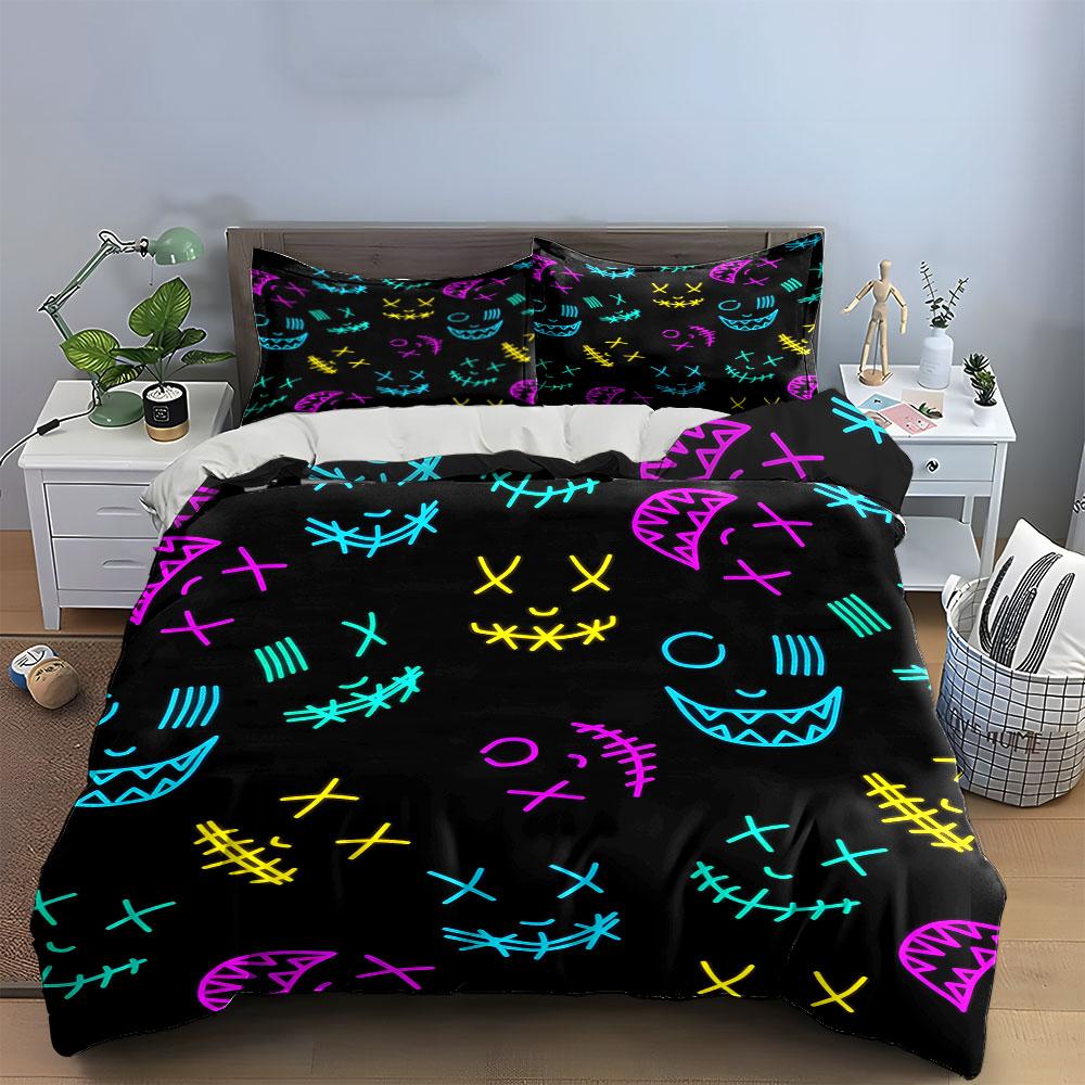 Neon Smiley Faces Pattern Bedding Duvet Cover Set (1*Duvet Cover 2*Pillowcases, without duvet insert)