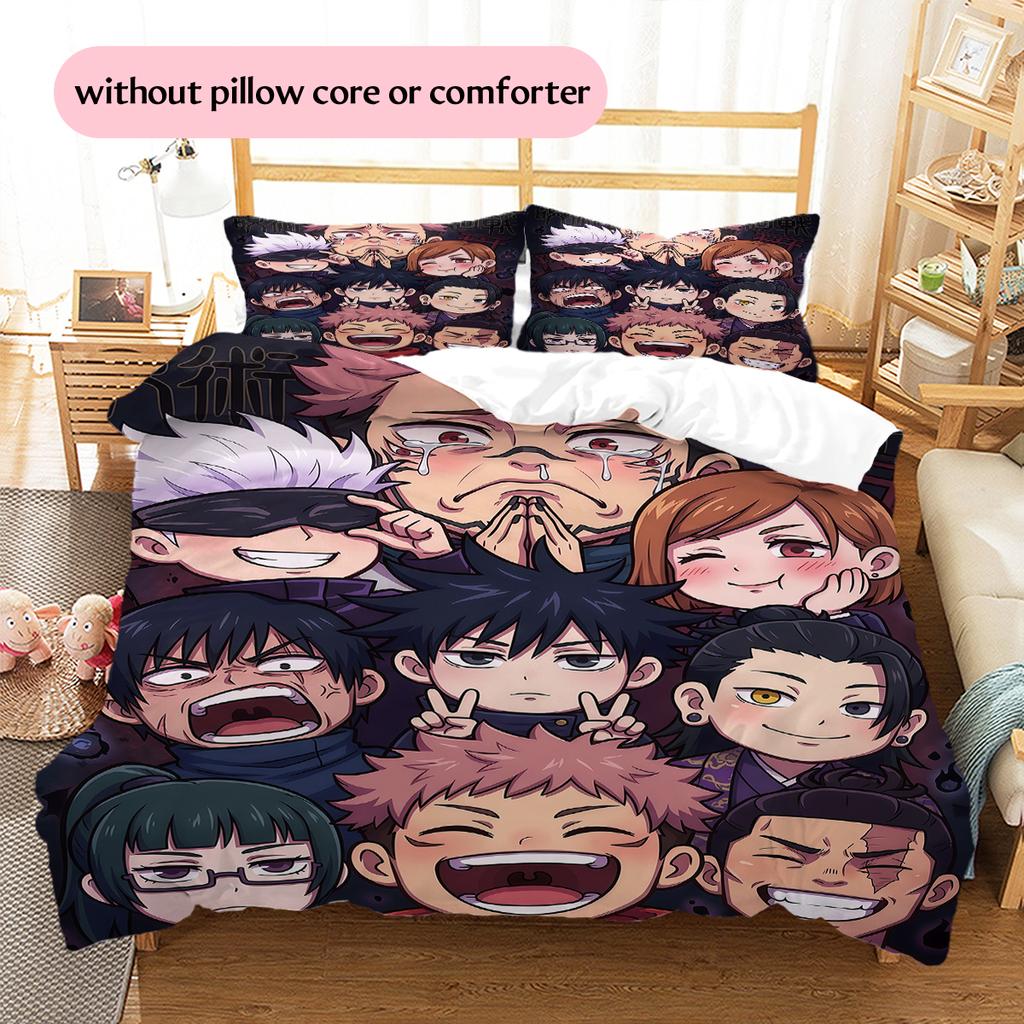 Jujutsu Kaisen Chibi Character Pattern Bedding Home Decoration Festival Gift (1 * duvet cover + 2 * pillowcase, without core)