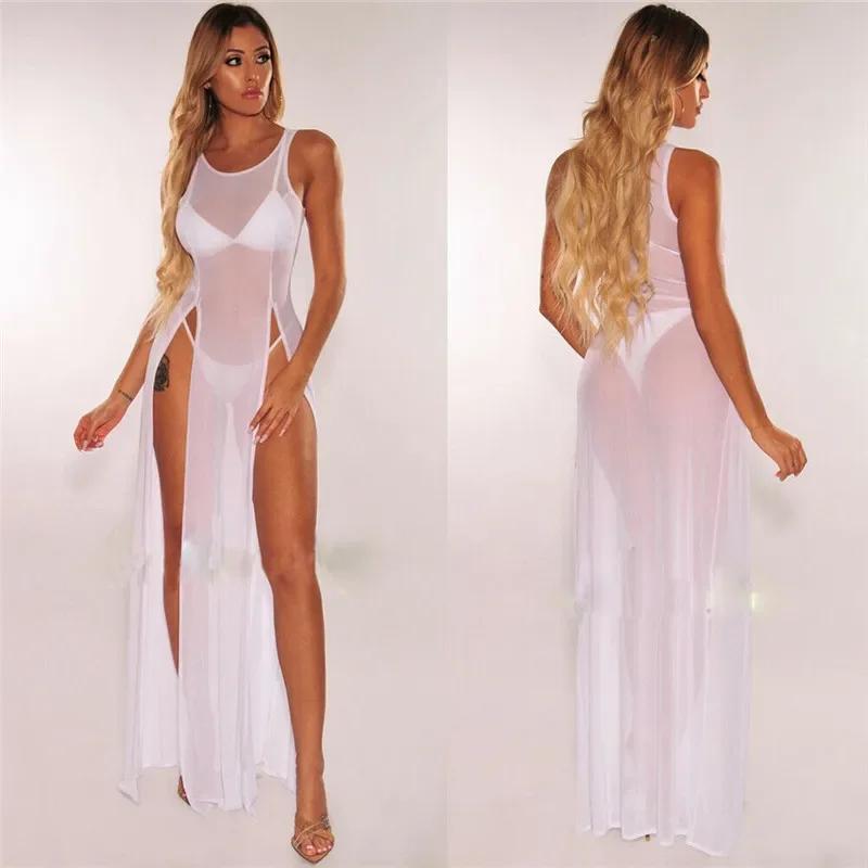 Sheer Mesh Long Womens Sexy Dress Ladies Bikini Cover Up Beach Sundress Solid Seethrough Long Dress Sleeveless Strap Dress