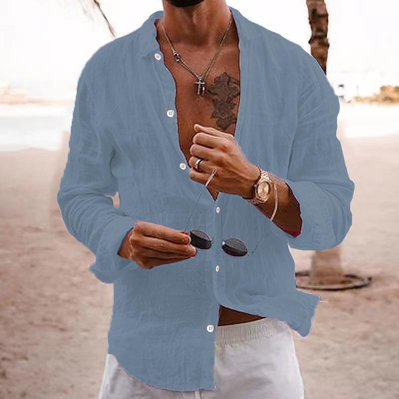 QICED Shirt Men's Solid Colour Loose Single-breasted Lapel Cotton Linen Long-sleeved Blouse Shirt