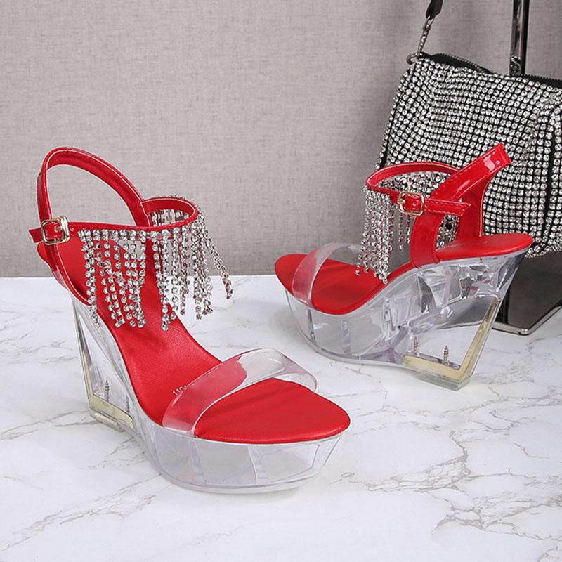 Женская обувь, прозрачные туфли для ночного клуба, высокие каблуки, подиум, стразы, кисточка, кристаллическая танкетка, серия 1101, каблук 10 см, платформа 4 см, LFD