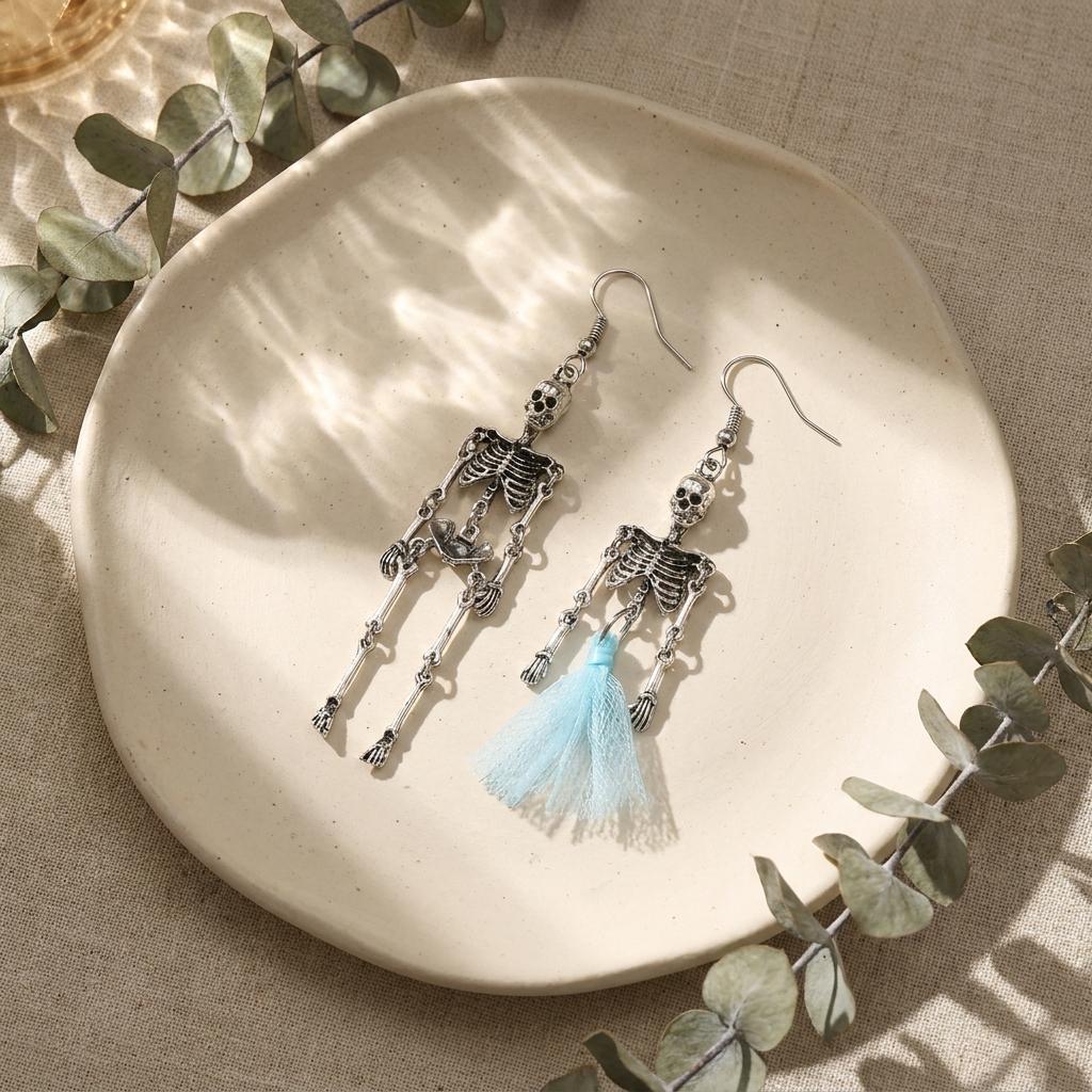 Halloween Vintage Skeleton Skull Dangle Earrings Necklace for Women Men Goth Punk Gothic Asymmetrical Earrings Party Jewelry