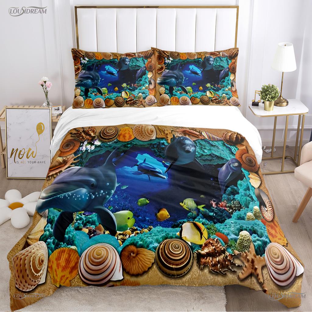 3D Ocean World Dolphin Whale Fish Duvet Cover Comforter Beding Set Soft Quilt Cover and Pillowcase for Single/Double/Queen/King