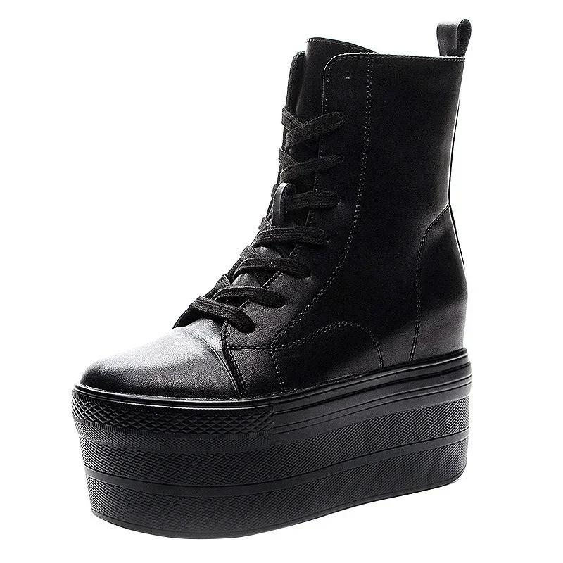 Модные осенние ботинки из натуральной кожи на платформе и танкетке с супер толстой подошвой 10 см и скрытым каблуком, на молнии, зимние ботильоны до щиколотки, теплые