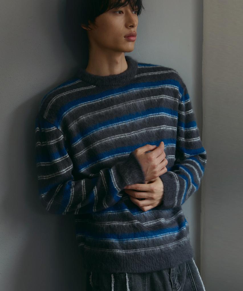 NODU Crop Multi-Stripe Brush Knit [Gray]