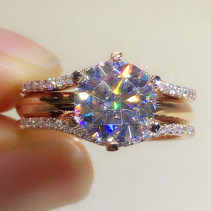 Кольца Huitan Unique Rose Gold Color для женщин, классические, с 6 когтями, с кубическим цирконием, обручальные кольца, ювелирные изделия