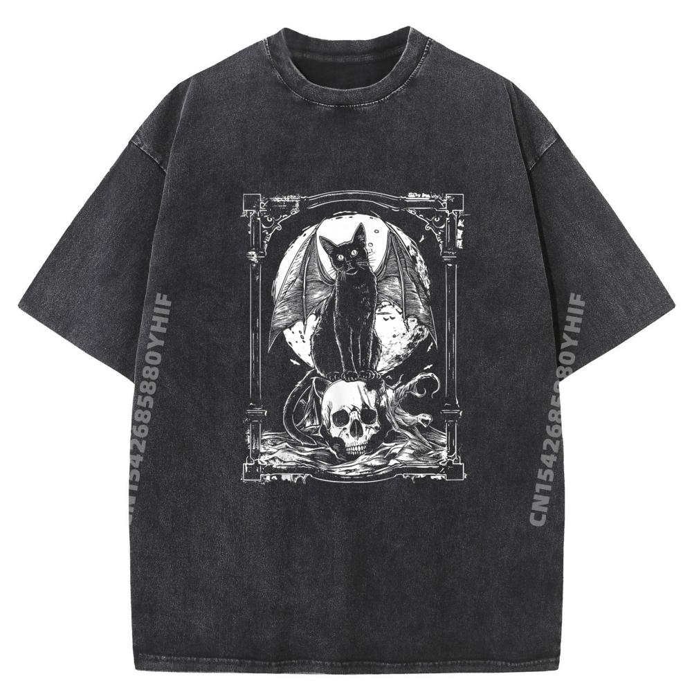 Bat Cat Skull Occult Unholy Punk Goth Grunge Black Metal Halloween Thanksgiving Gothic Christmas Washed Tops T Shirt Tops & Tee