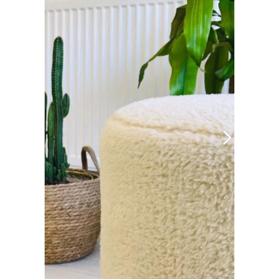Handmade Cream Tedy Fabric Cylinder Decorative Puffy Pouf Bench