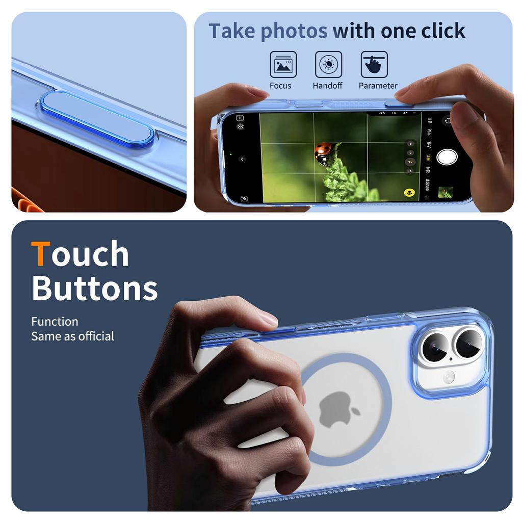 For iPhone 16 Case with Camera Touch Control Button PC + TPU Phone Cover Compatible with MagSafe - Transparent Blue