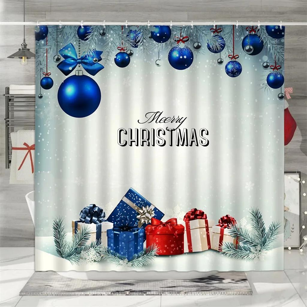 Christmas Shower Curtain, Winter Colourful Christmas Balls Pine Needle Gifts Merry Christmas Wreath Polyester Bathroom Decor