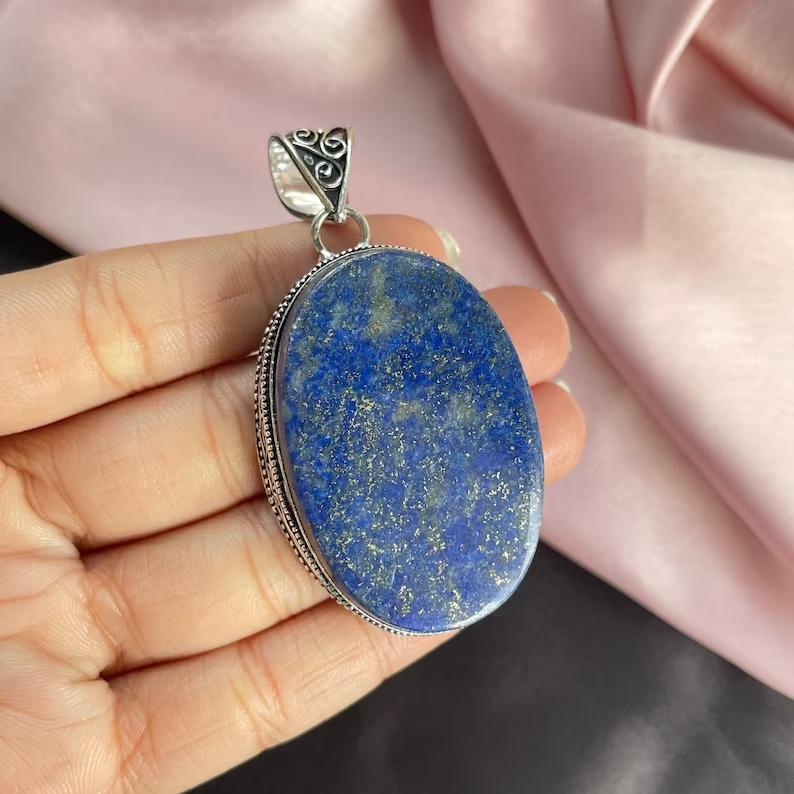 Подвеска из лазурита с серебряным ожерельем-цепочкой из стерлингового серебра 925 пробы