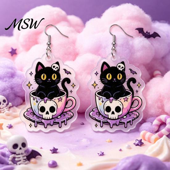 Halloween Costume Jewelry 1 Pair Earrings for Women, 2D Acrylic Teacup Black Cat Novelty Dark Theme Accessories Dangle Drop Earrings, Gothic