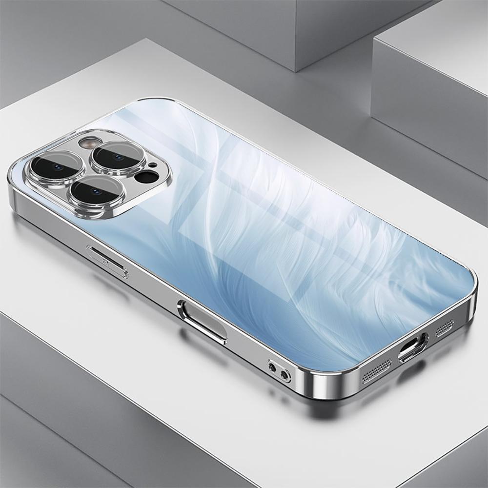 Light Blue Flowing Light Feather Silk Texture Tulip Heart Glass Phone Cover For iPhone 17 16 15 Pro Max 14 Plus 13 12 11 Plus