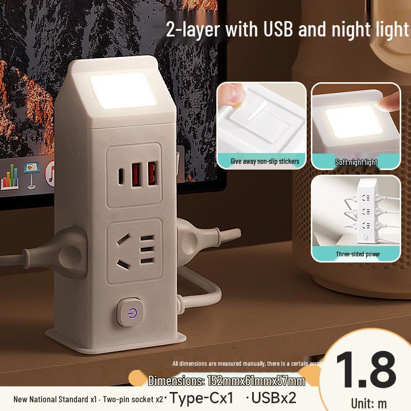 Vertical Multi-Functional Power Strip with USB Charging, Individual Switches, and Extension Cord