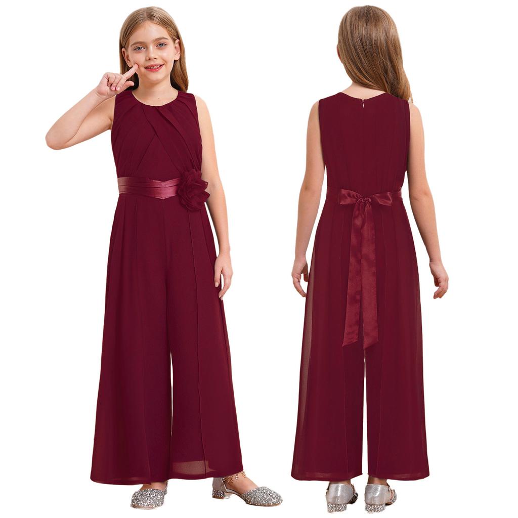 Наряд для девочек на вечеринку и праздник: Шифоновый комбинезон с рюшами и съемным цветочным акцентом, с поясом на высокой талии, для мероприятий