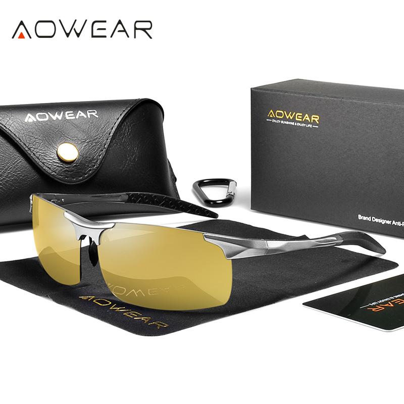 AOWEAR Мужские поляризационные очки для ночного видения для ночного вождения Без ободка Алюминиевые Желтые Солнцезащитные очки Ночной водитель Антибликовые Очки