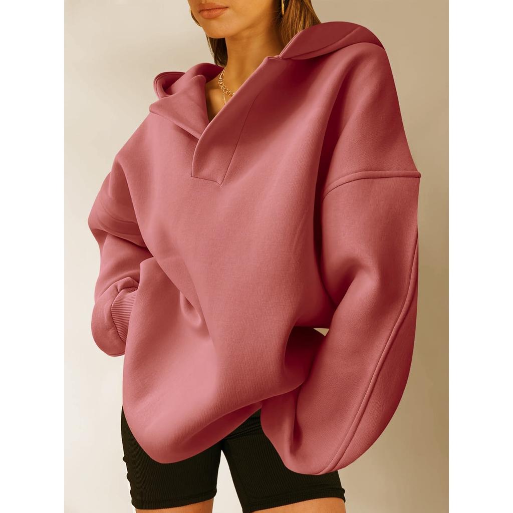 Women's Notch Hood Long Sleeve Sweatshirt Oversized Fit Casual Solid Polyester Pullover Hoodie