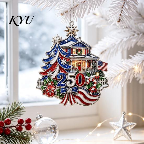 Patriotic Gift for Friends 250th Anniversary Christmas Ornament, Acrylic Hanging Decor Car Rear View Mirror Accessories with Eagle Santa Liberty Bell,