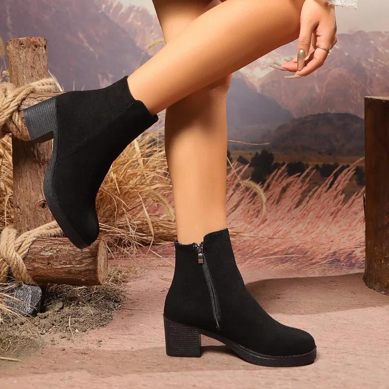 Женские ботильоны классического дизайна из искусственной замши, женские короткие ботинки на толстом каблуке, модные повседневные ботинки для прогулок на открытом воздухе с круглым носком