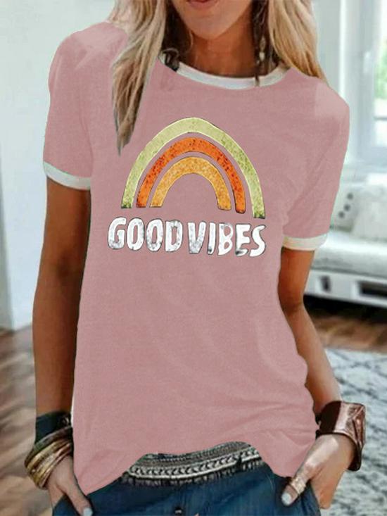 2024 Трендовая женская футболка с радужным принтом «Good Vibes» с круглым вырезом и коротким рукавом