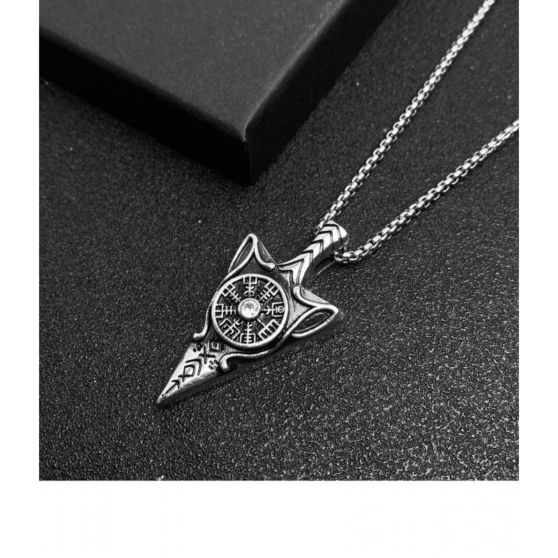 Vintage Rune Compass Pendant Necklace With Spear Tip Design Copper Antique Finish Pearl Chain Gothic Style Daily Wear