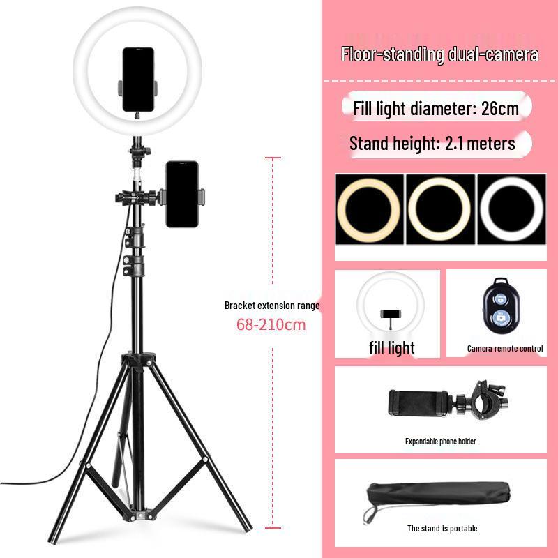 Mobile Phone Live Streaming Ring Light with Retractable Tripod and Multi-Position Stand