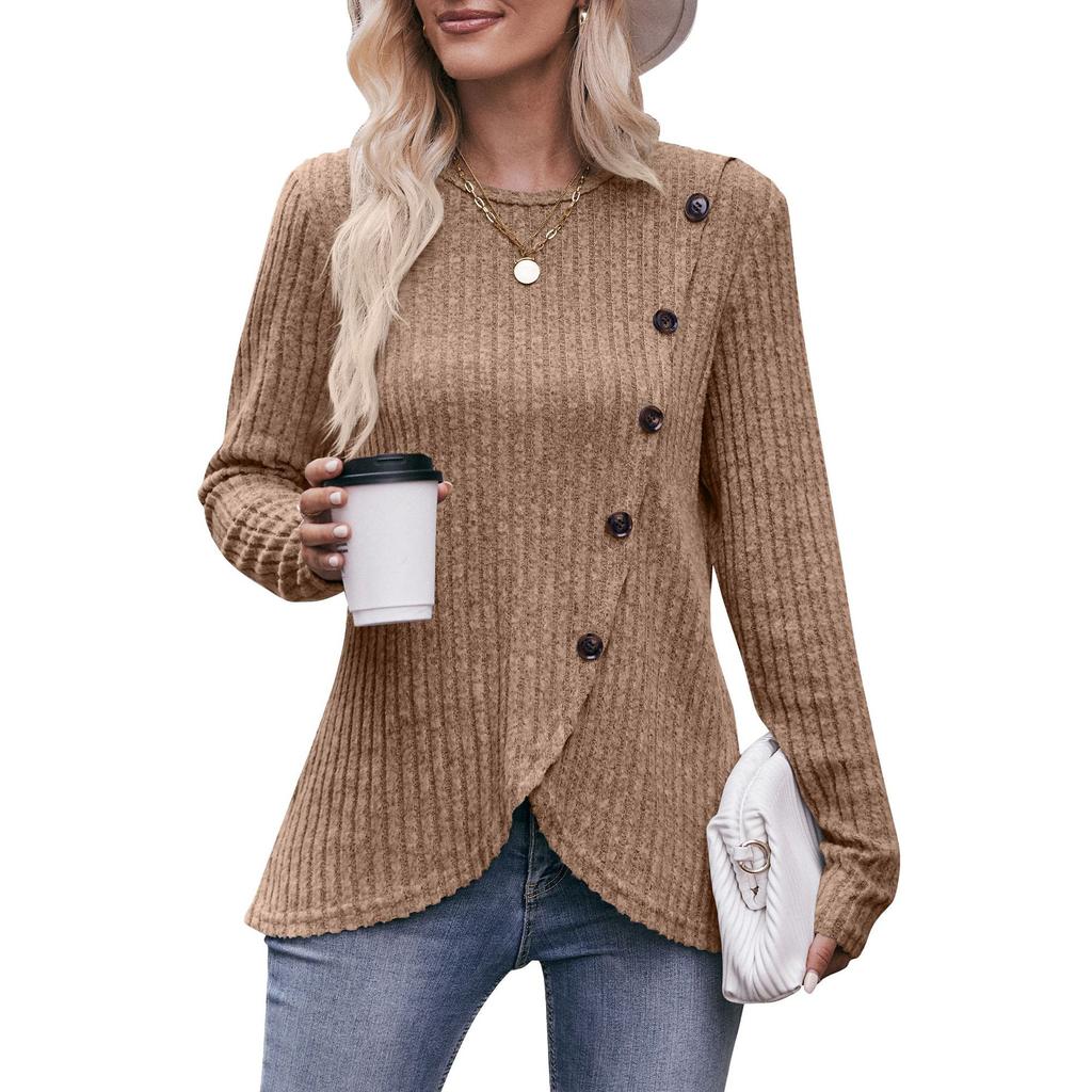 Женская эластичная трикотажная футболка с круглым вырезом в рубчик, модная однотонная футболка на пуговицах с нерегулярным низом