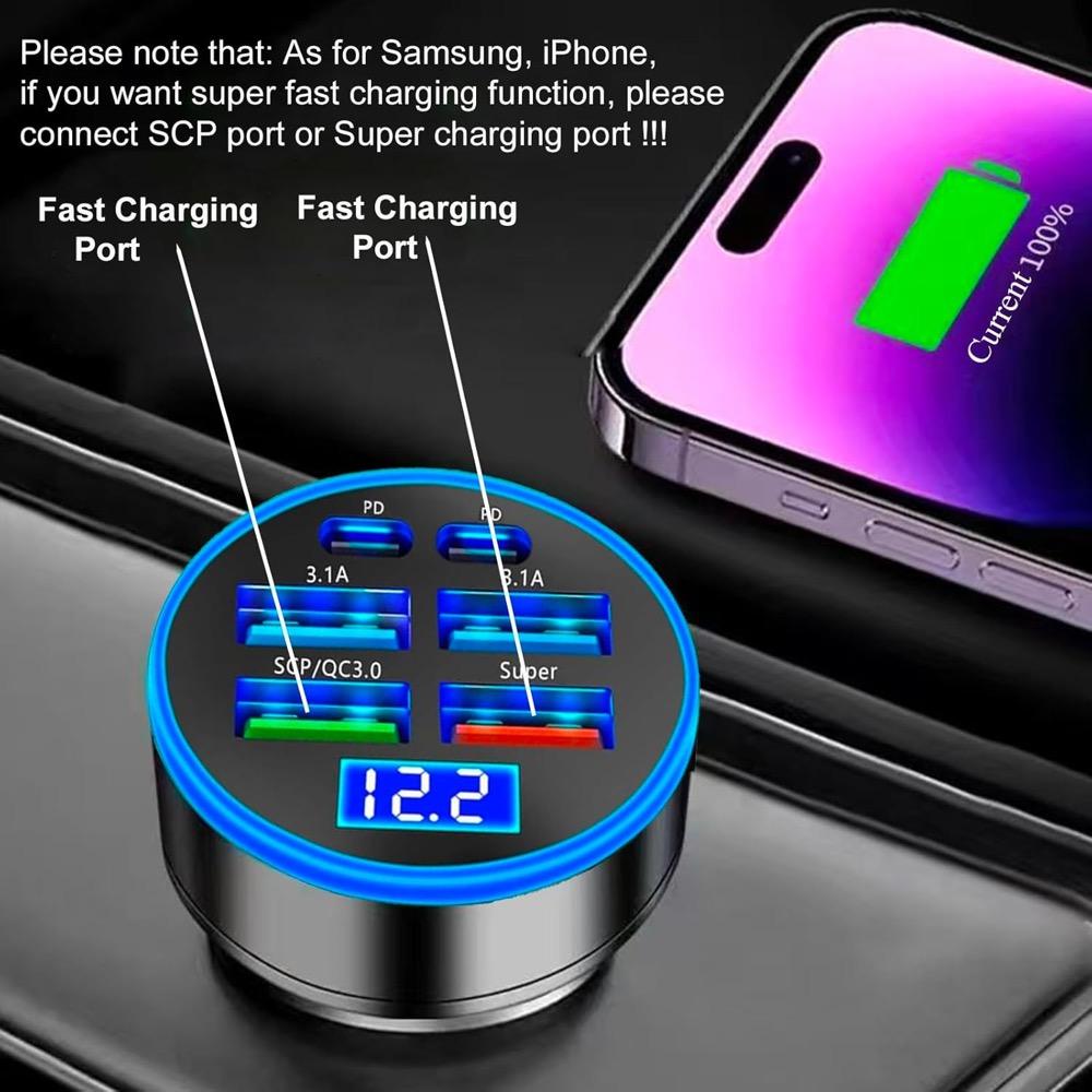 Товары для дропшиппинга 6 в 1 USB Автомобильное зарядное устройство Type C с вольтметром, двойным PD, несколькими портами, супербыстрое, с индикатором напряжения, трендовое