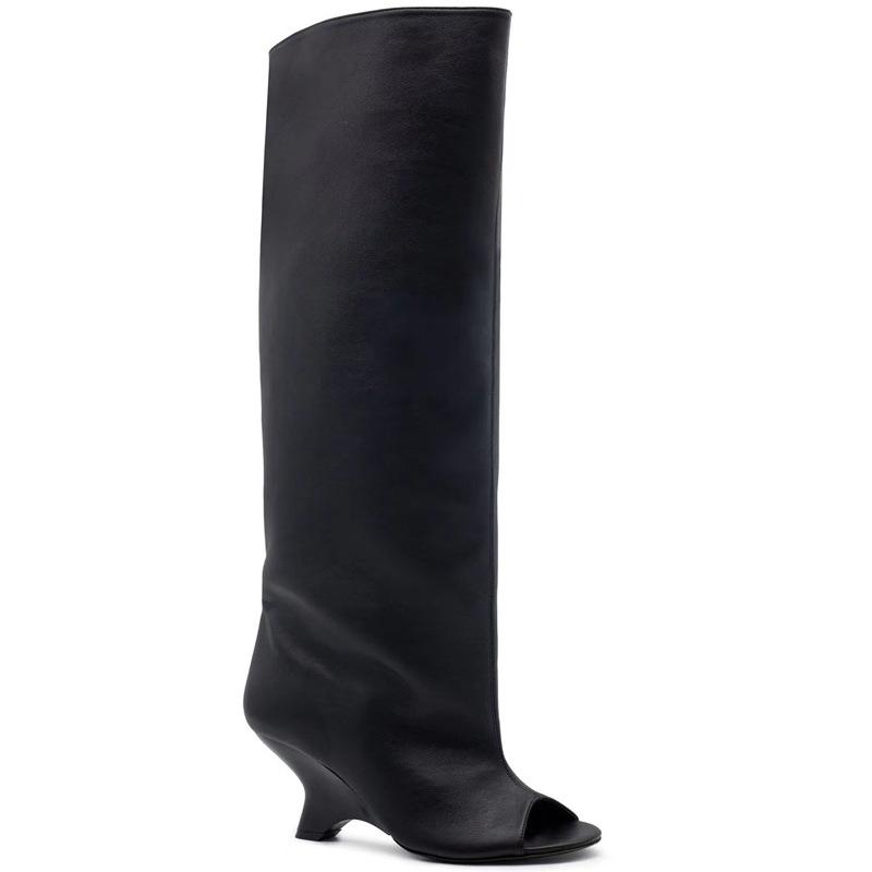 2025 Новые туфли с открытым носком, высокие летние сапоги до колена на толстом каблуке, женские сапоги, обувь большого размера, женские слипоны, необычный каблук, крутые сапоги