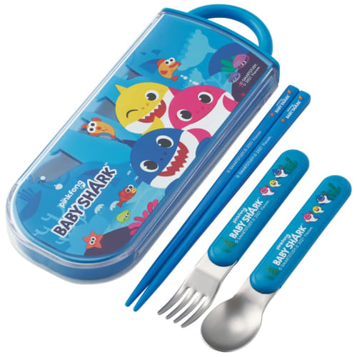 Skater Children's Lunch Box Trio Set Chopsticks Spoon Fork Kids Cutlery Antibacterial Treatment Easy To Open Slide Type Made In Japan Baby Shark Boys