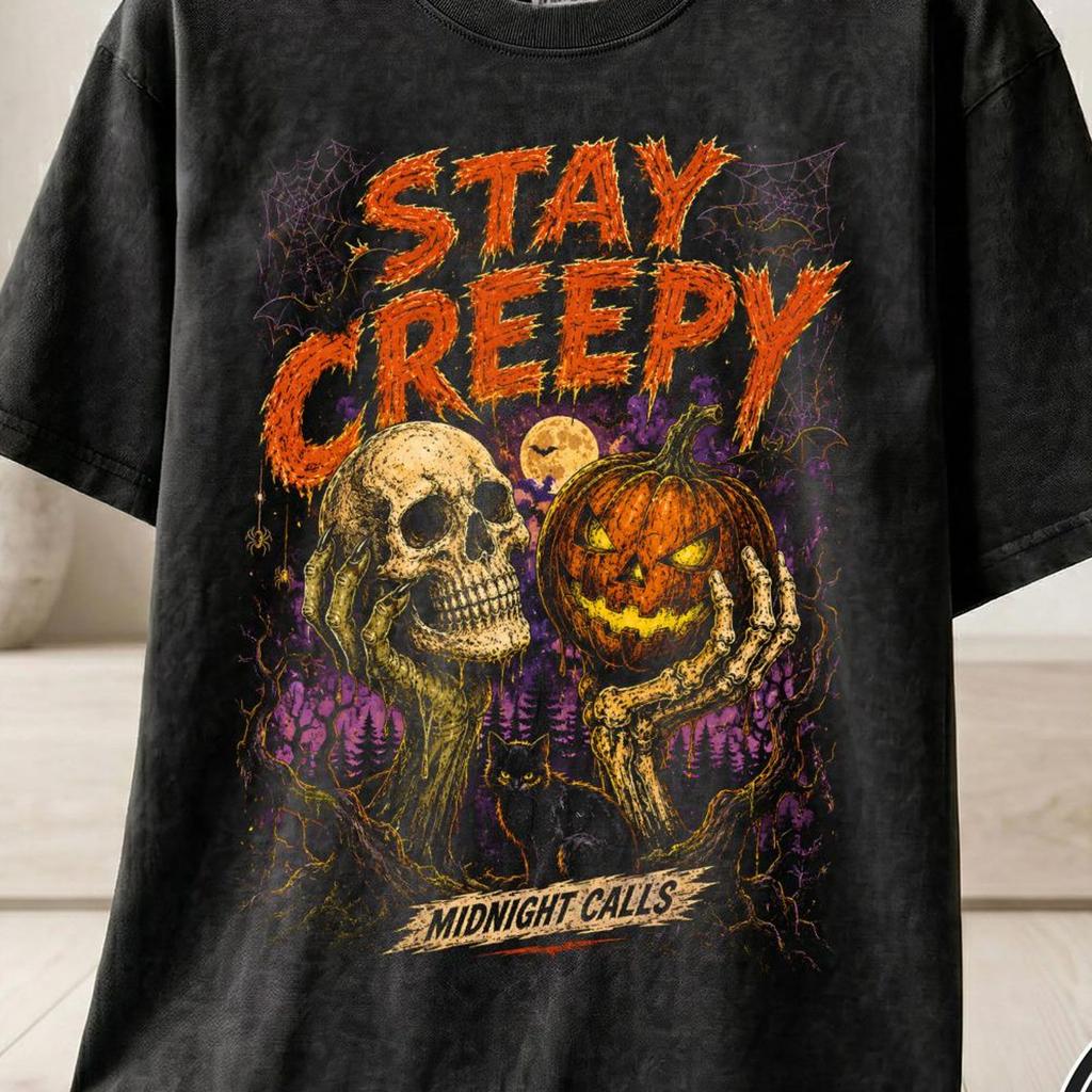 Stay Creepy Halloween Skeleton Pumpkin Graphic T-Shirt and kids tshirt | Vintage Horror Movie Poster Tee | Spooky Goth Comic Book Style Gift