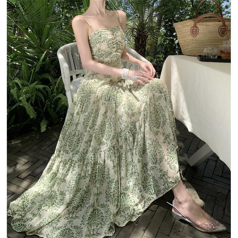 Women's Summer Floral Halter Waisted Temperament Long Dresses