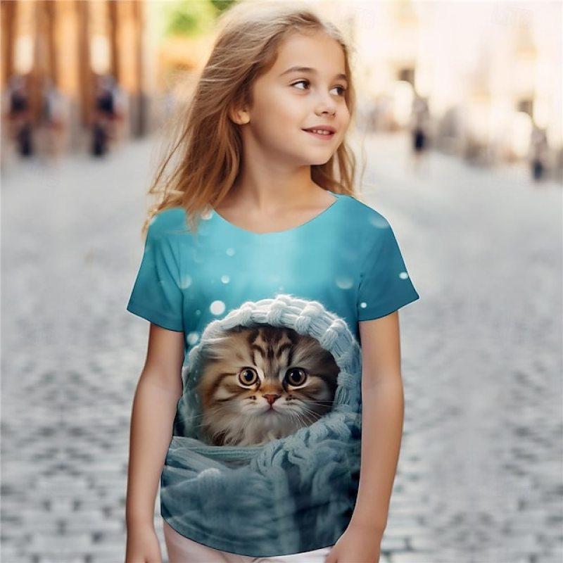 Футболки для девочек с 3D-принтом Cat, розовые, с коротким рукавом, 3D-принт, летняя, активная, модная, симпатичная, из полиэстера, для детей от 3 до 12 лет, с круглым вырезом, для активного отдыха, повседневная