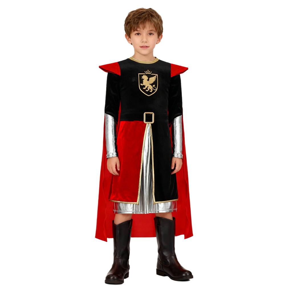 Boys Knight Costume Metallic Gloss Patchwork Top Back Invisible Zipper Long Sleeve Detachable Cape Cosplay Outfit