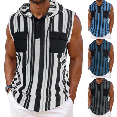 Мужская полосатая безрукавка с карманом на капюшоне, спортивная толстовка с капюшоном