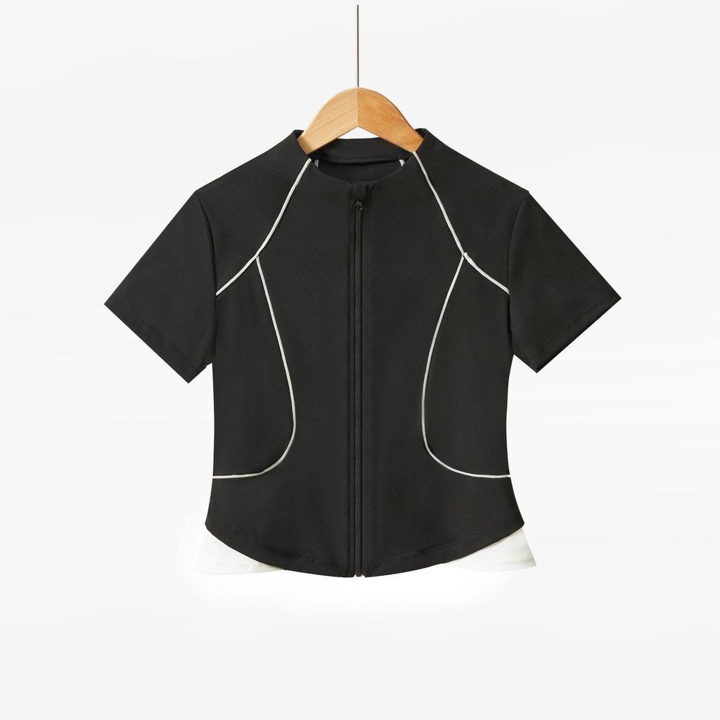 Женский спортивный топ с коротким рукавом, быстросохнущий: Куртка на молнии приталенного кроя для велоспорта, йоги, бега для летнего фитнеса