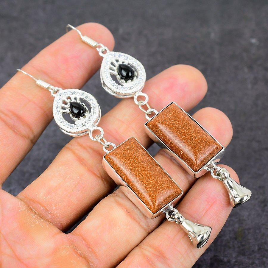 Red Sunstone, Onyx Gemstone 925 Sterling Silver Gift Jewelry Earring 3.74"